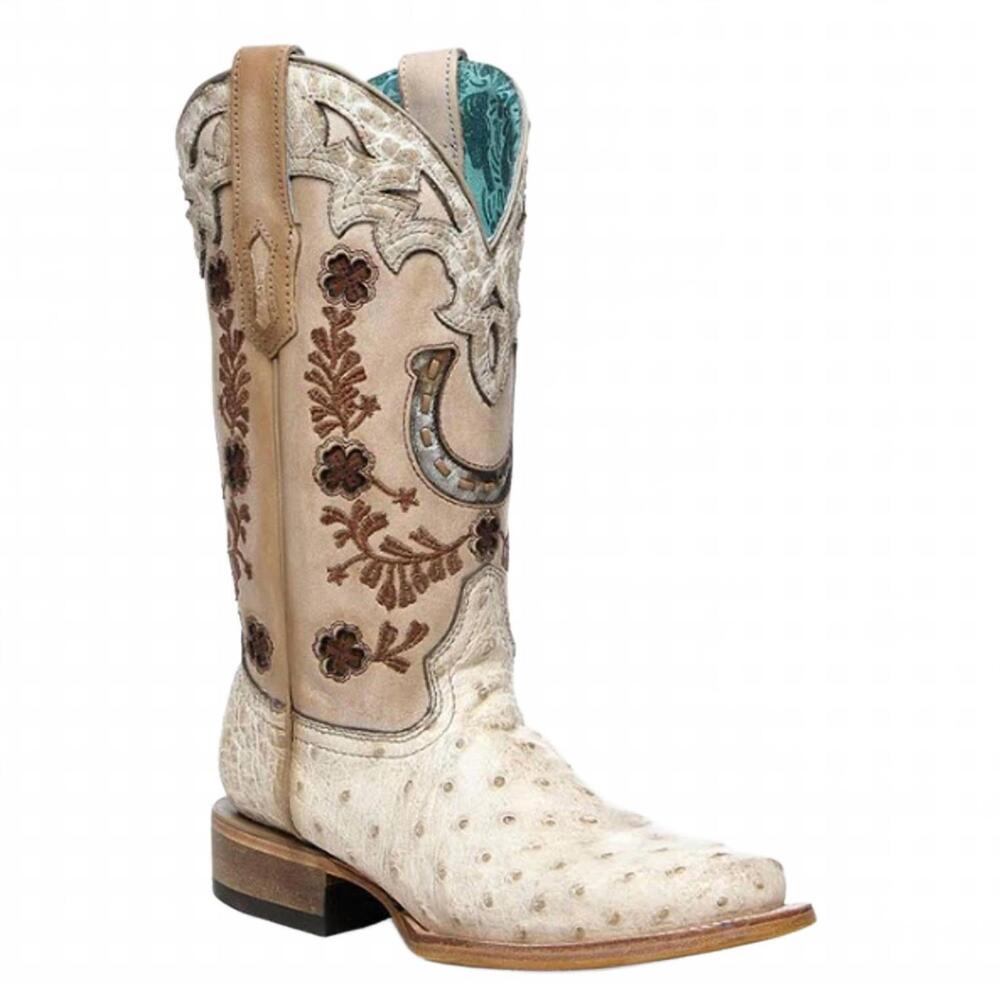 NEW CORRAL women's full quill ostrich wide square toe boots in ivory